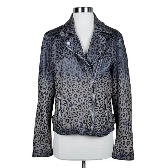 New Mauritius Vicki Leopard Print Leather Moto Jacket $350 Size 10